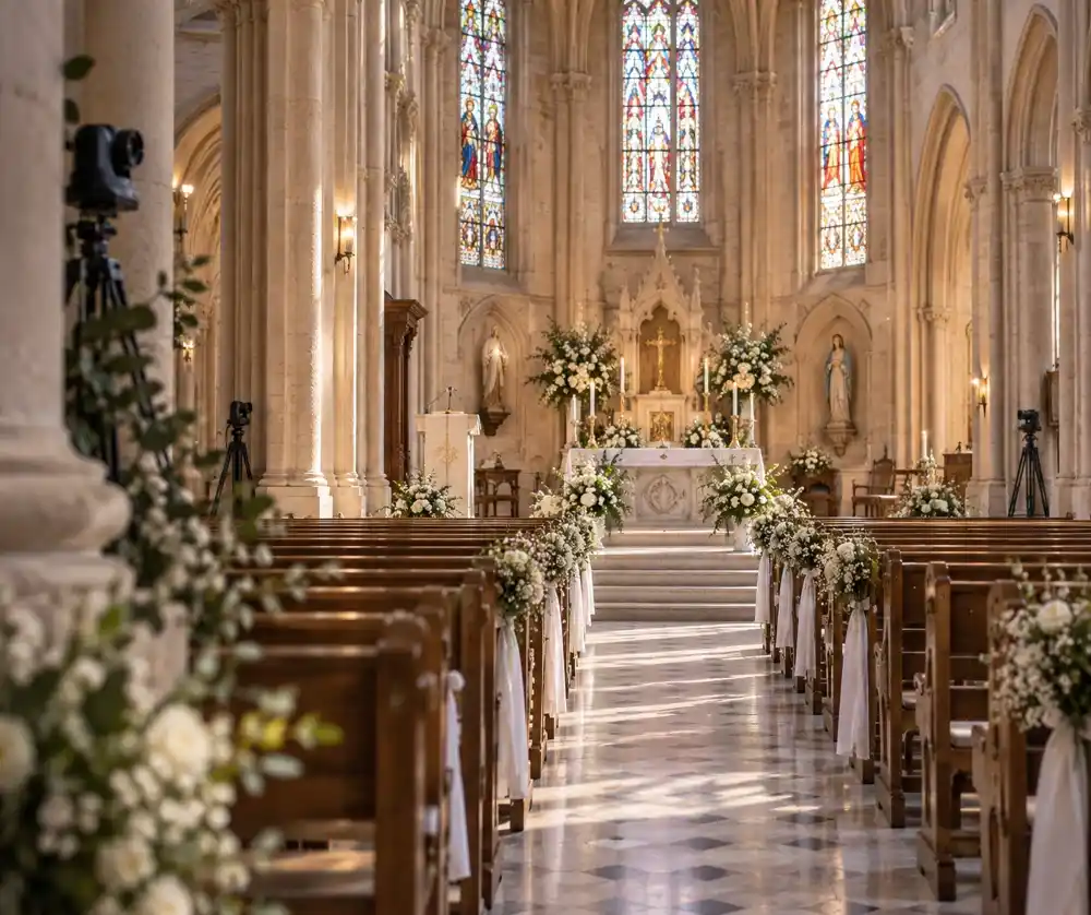 Caméras tourelles discrètement installées dans une église pour la captation d’un mariage