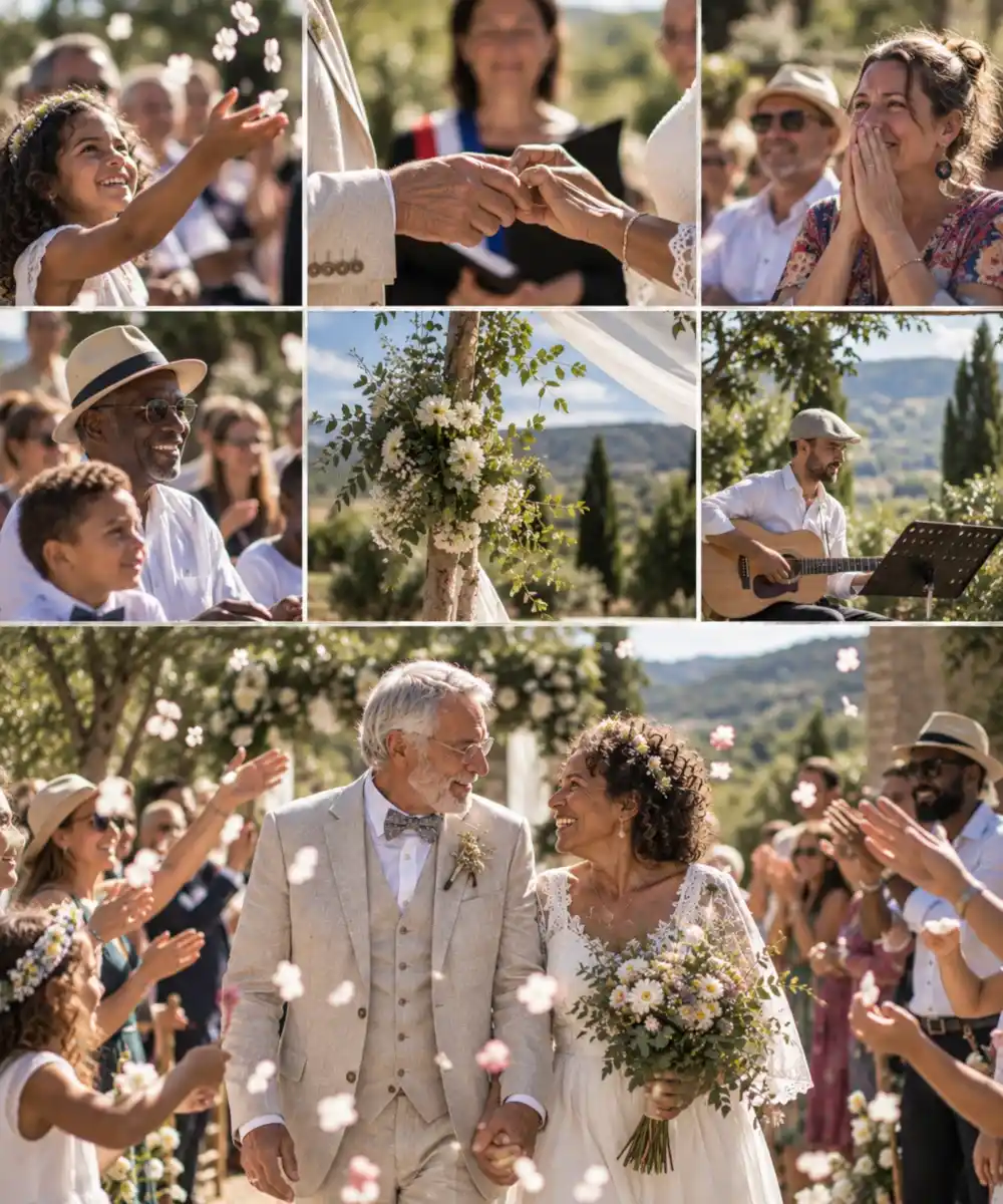 Différents plans d’un film de mariage, des mariés aux émotions de leurs proches