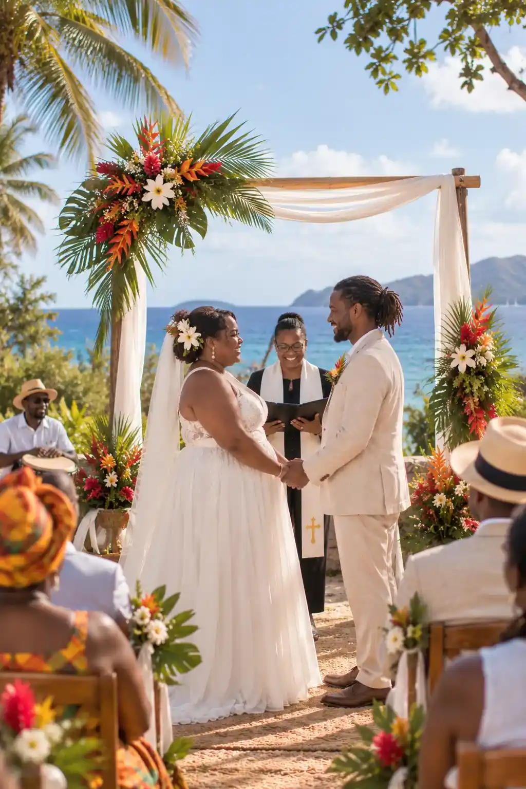 Couple célébrant son mariage lors d'une cérémonie laïque aux Antilles